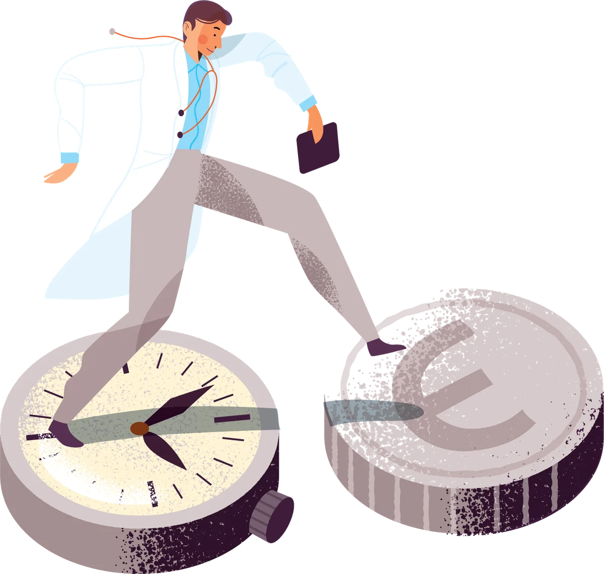 Editorial illustration of a physician stepping from a clock face onto a euro coin — the time and cost of MLR review