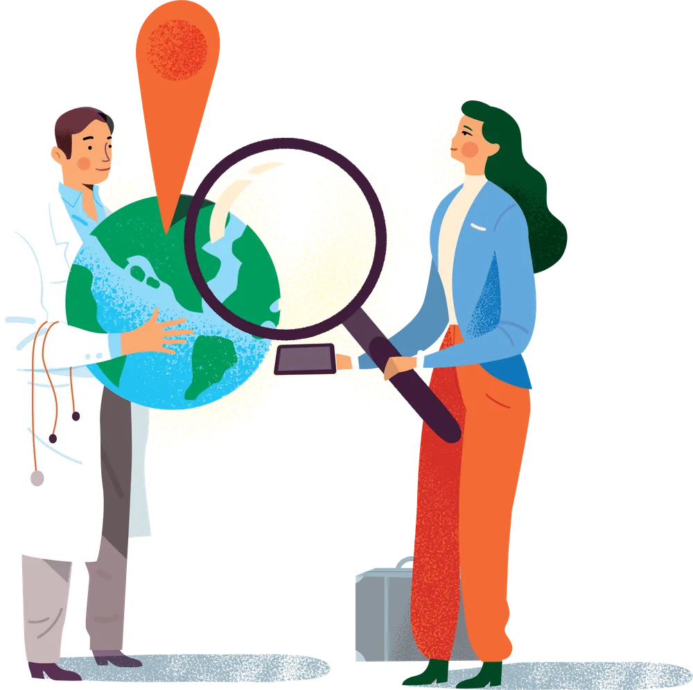 Editorial illustration of a doctor holding a globe with a location pin while a colleague examines it through a magnifying glass — approved knowledge made navigable