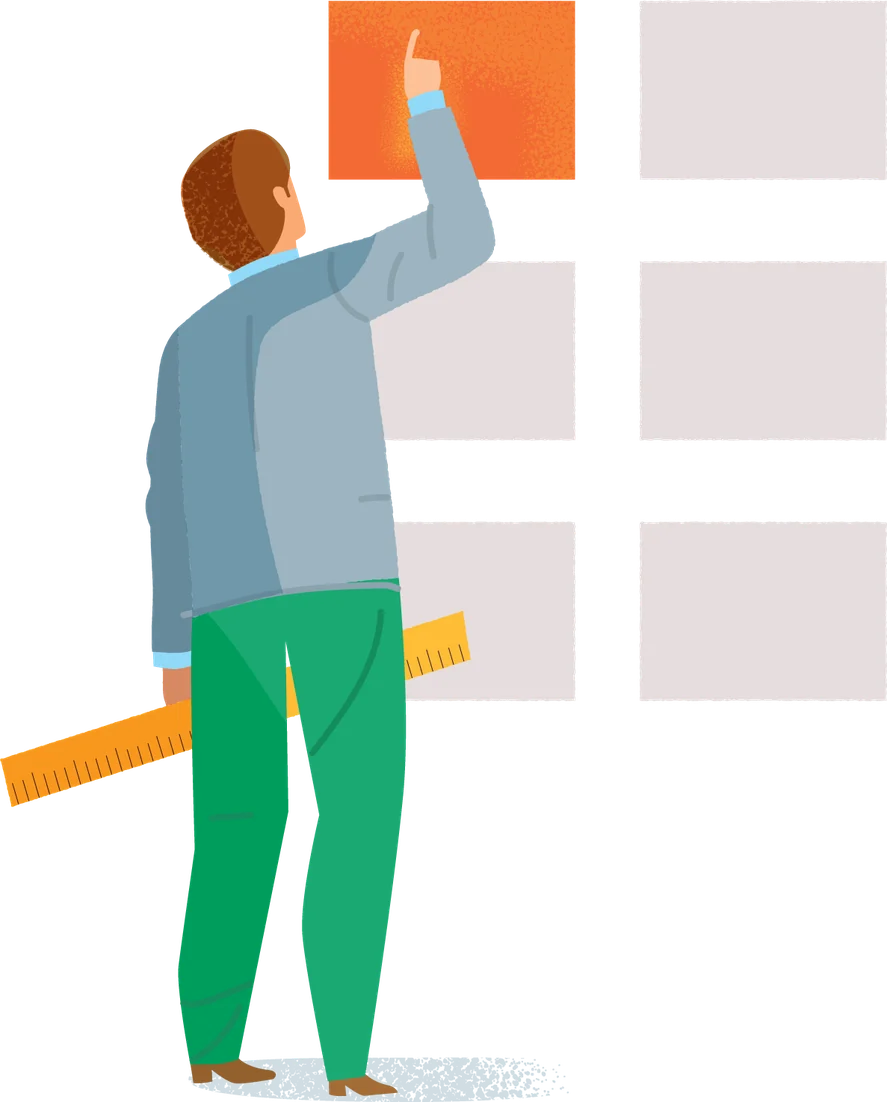 Editorial illustration of a man with a ruler under his arm pointing at one highlighted tile on a wall grid