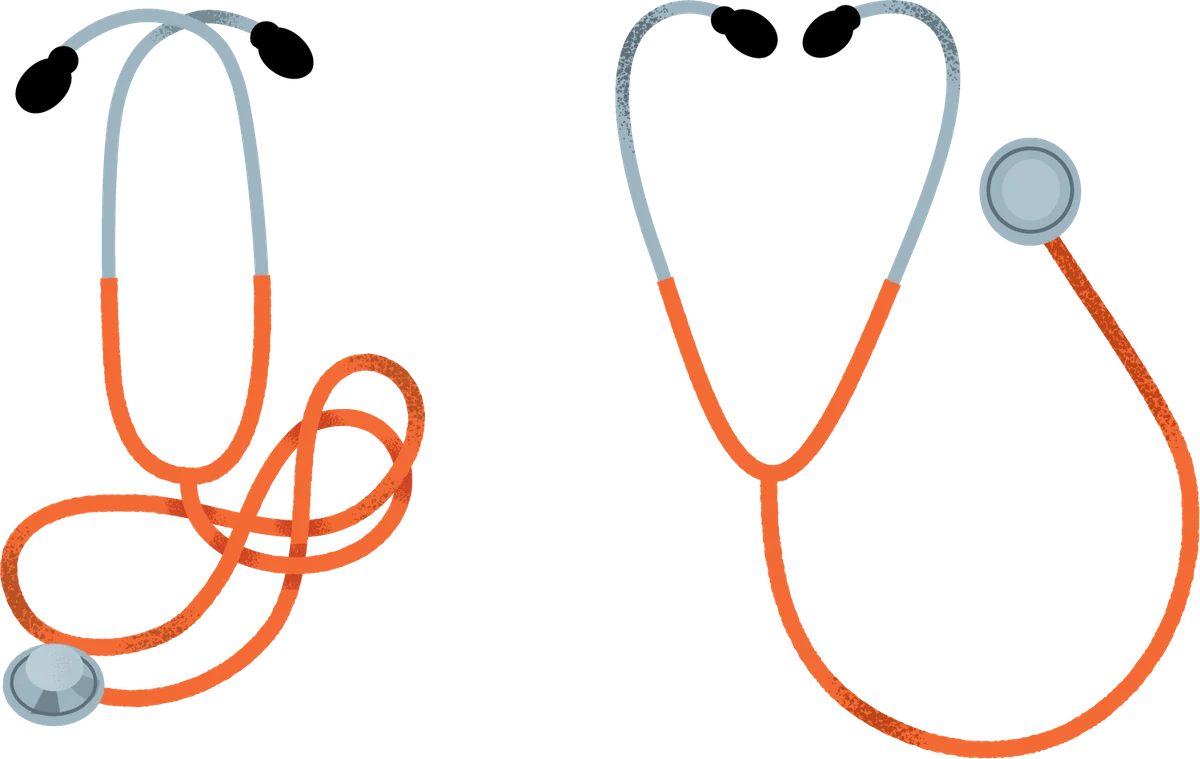 Editorial illustration of two stethoscopes — one tangled in knots, one untangled