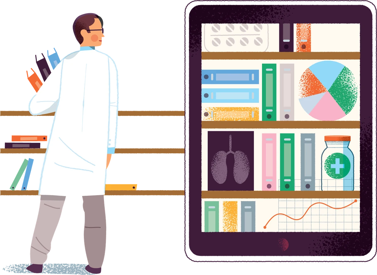 Editorial illustration of a pharmacist carrying binders from a paper archive towards a tablet showing the same content as a digital library