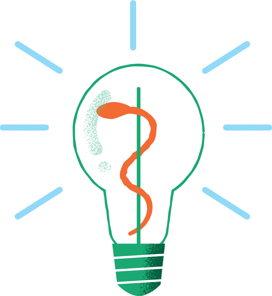Editorial illustration of a light bulb whose filament is a Rod of Asclepius, the symbol of medicine, with rays of light around it