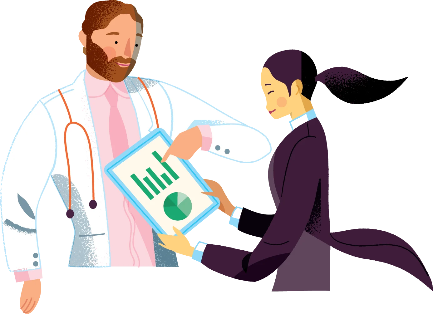 Sales rep showing an interactive detail aid on a tablet to a doctor