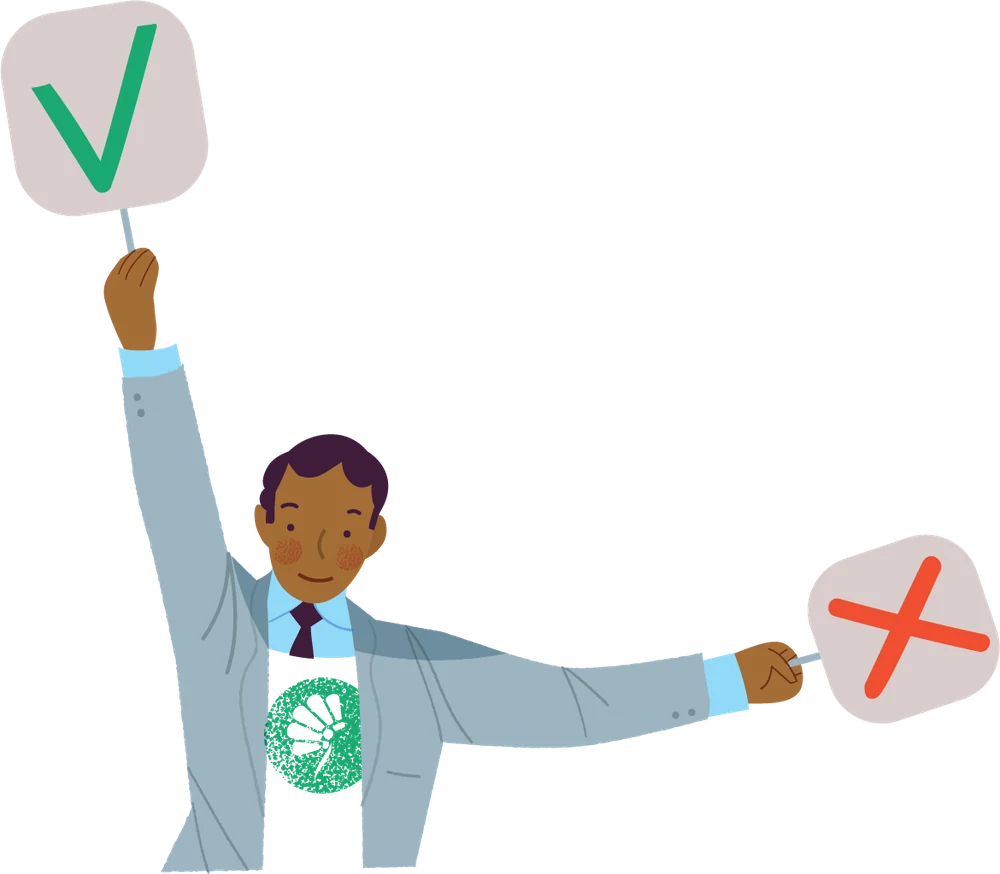 Editorial illustration of a man in a suit holding up a paddle with a green check mark in one hand and a paddle with a red cross in the other