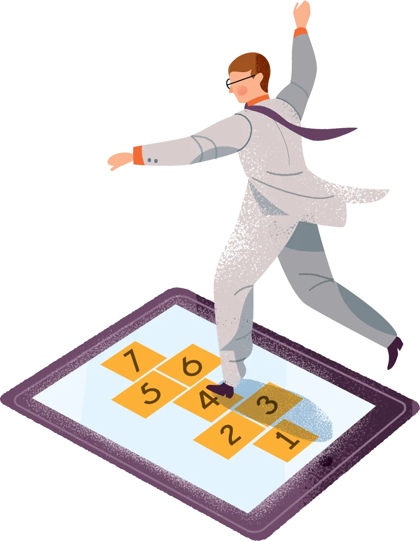 Editorial illustration of a man in a suit playing hopscotch across numbered squares on a giant tablet