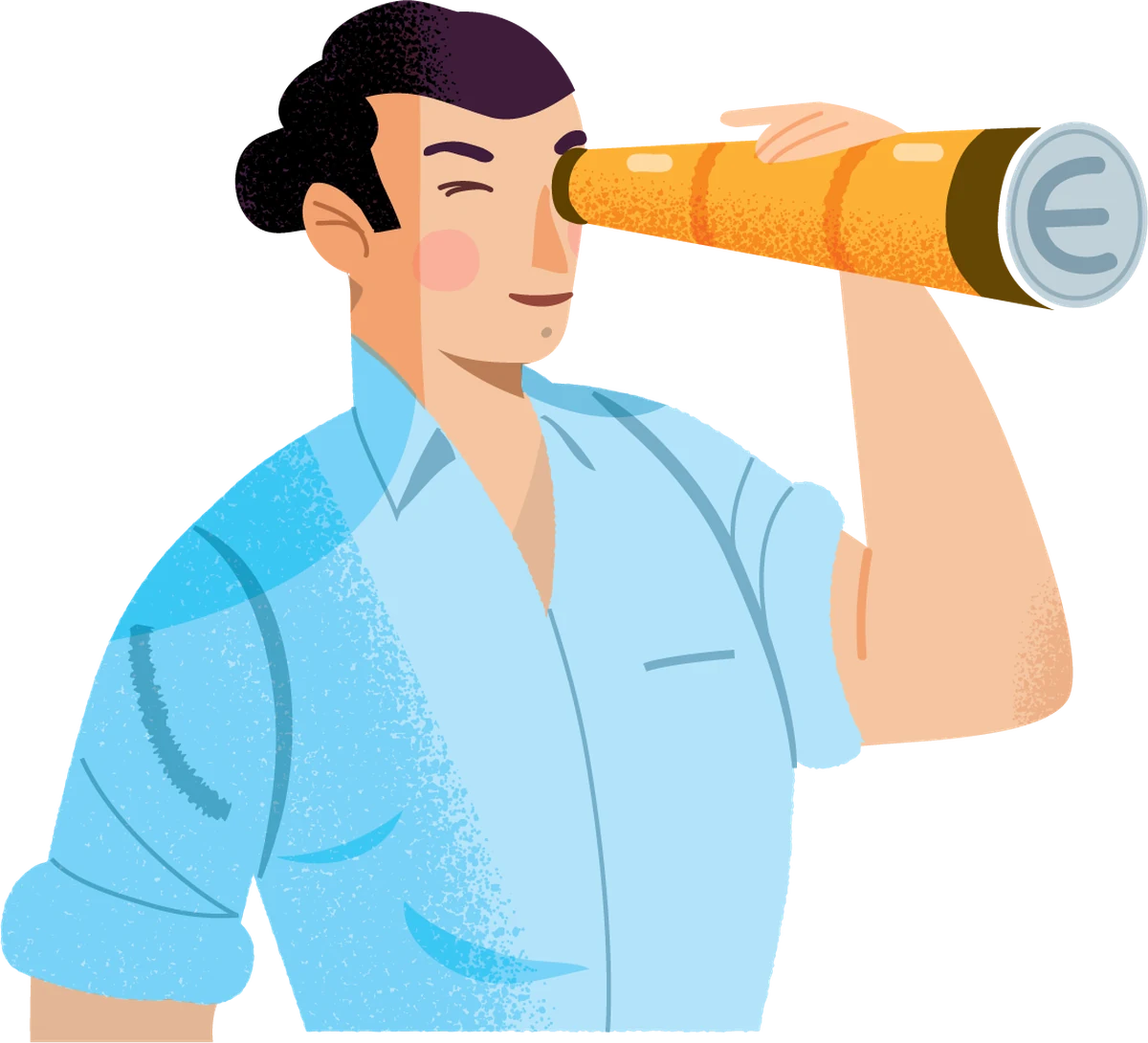 Editorial illustration of a man looking through a telescope whose lens shows a euro sign