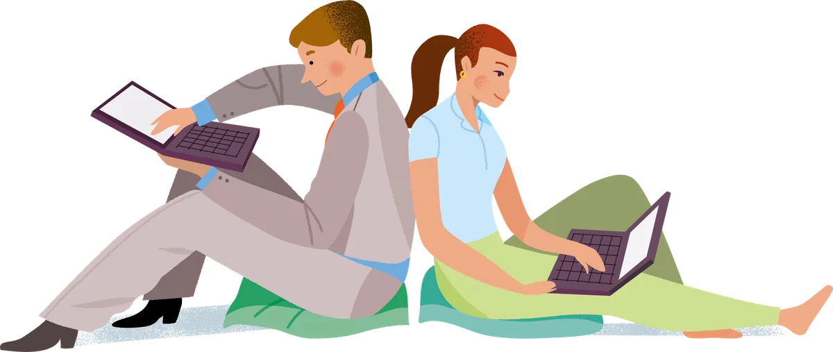Two professionals reading and creating content on their laptops