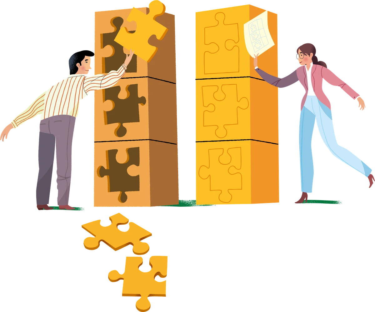 Editorial illustration of two people assembling puzzle-piece block towers from a blueprint — a metaphor for designing a claims hierarchy instead of piling claims into a flat library