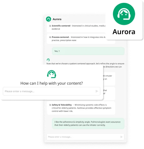 Aurora, Shaman's agentic AI, in a chat interface helping refine and create pharma content