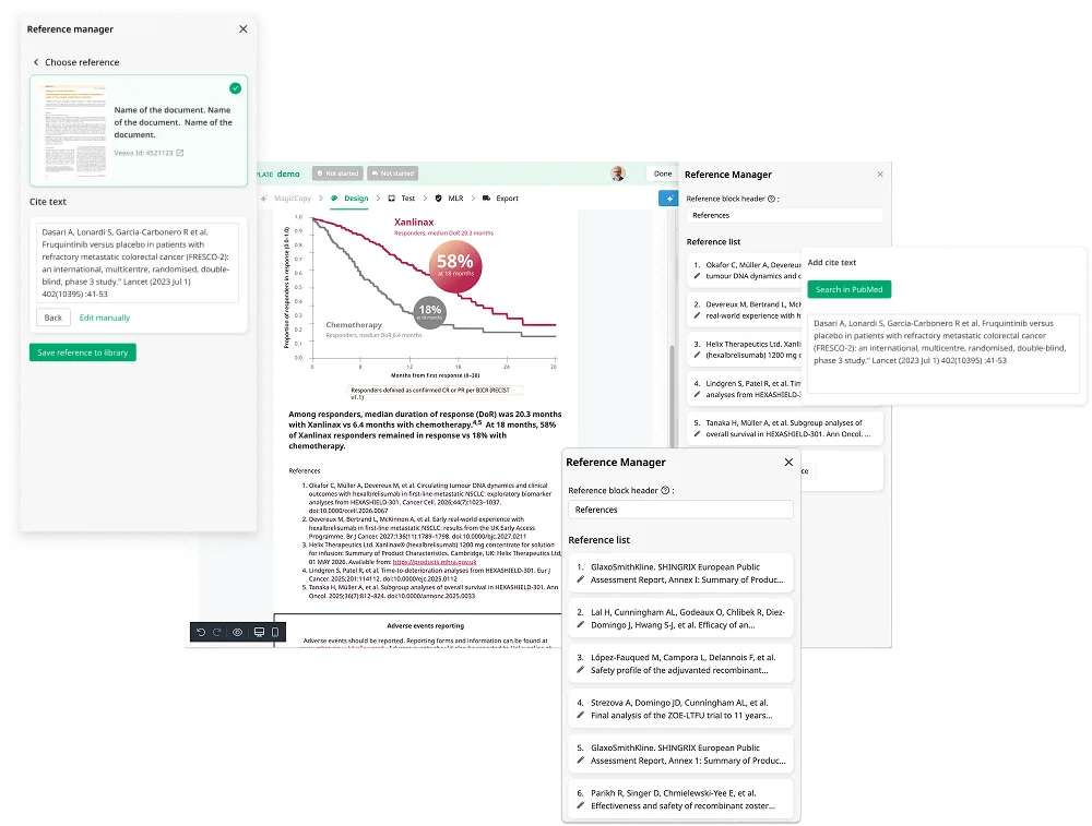 Reference Manager linking citations to Veeva reference documents and PubMed cite text